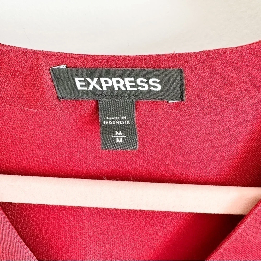 Express Satin Silky V neck Button Detail Balloon Sleeve Blouse Top Crimson Med
